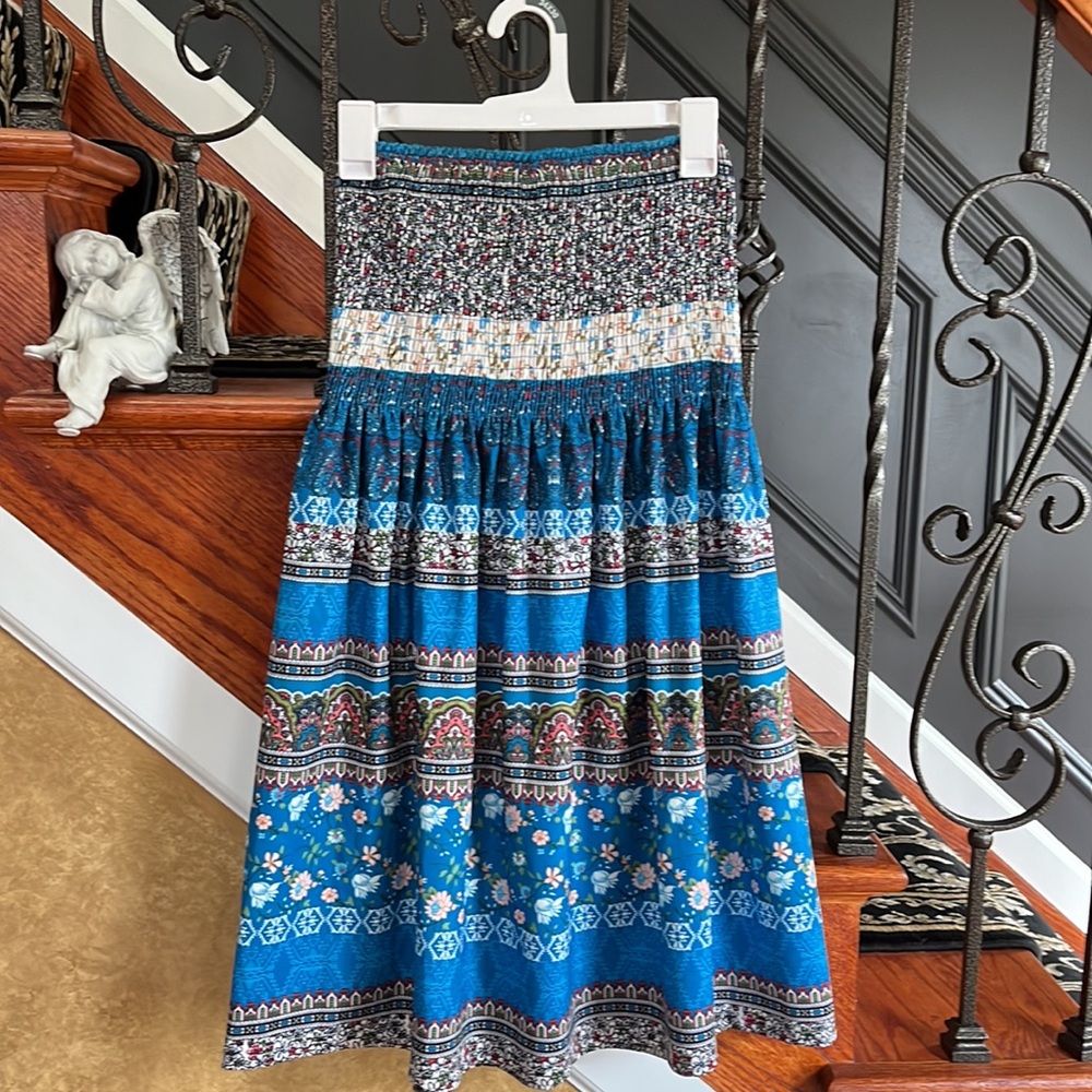 Bohemian Blue Smocked Strapless Top Floral Full Bottom Dress